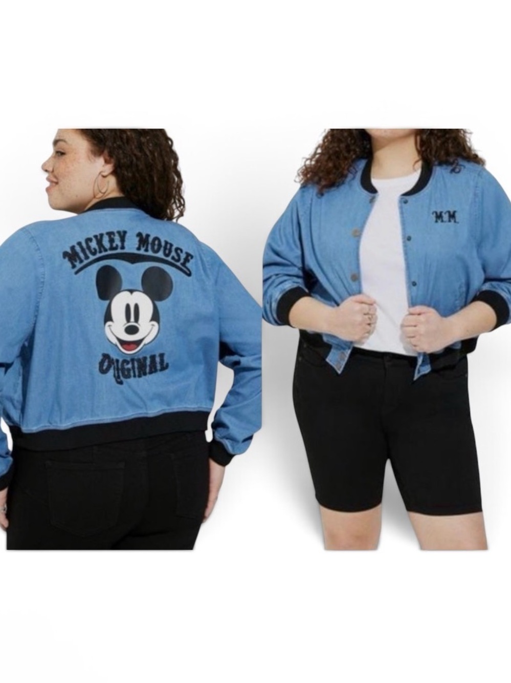 Disney Americana Mickey Mouse Chambray Cropped Bomber Jacket Coat 4X